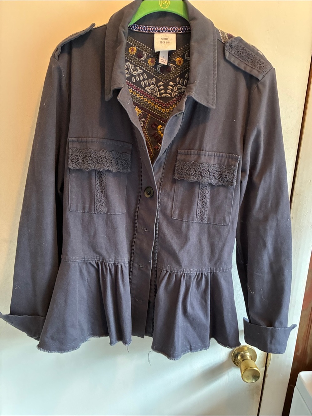 Knox Rose Dark Gray Peplum Utility Jacket with Lace Trim